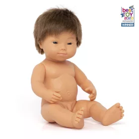   Down-szindrómás baba - fiú, hajas, fürdethető, 38 cm 10 hó+
